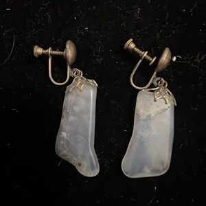 Vintage Sterling Silver Screw-Back Earrings with White Blue Agate Stones